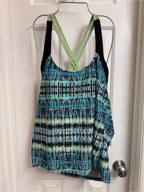 bcg Women’s Blue & Aqua Striped Tankini Top with Lime Crossback Straps, Size 12